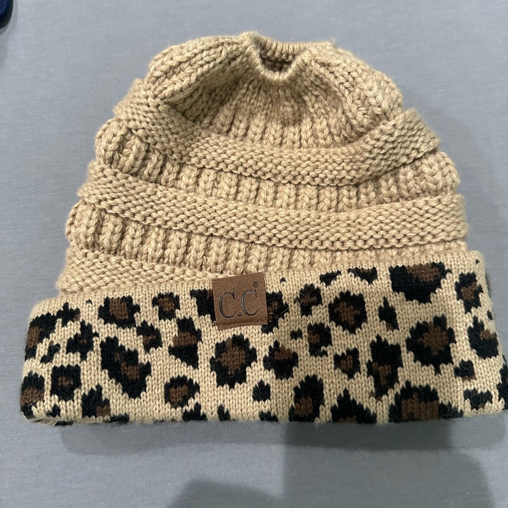 Matching Cuff Leopard Print CC Beanie Tail MB80 - messy high bun or pony beanie